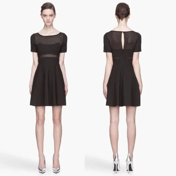 ELIZABETH & JAMES Womens Dress Size 0 Black Fit Flare Mesh Panel Illusion Ponte - Picture 1 of 8